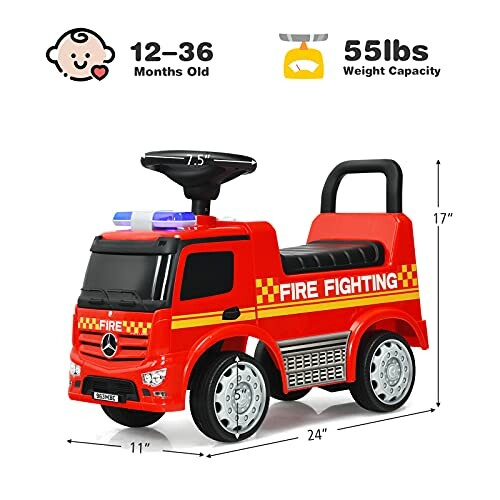 Ride-on fire truck toy for children aged 12-36 months, 55 lbs capacity.