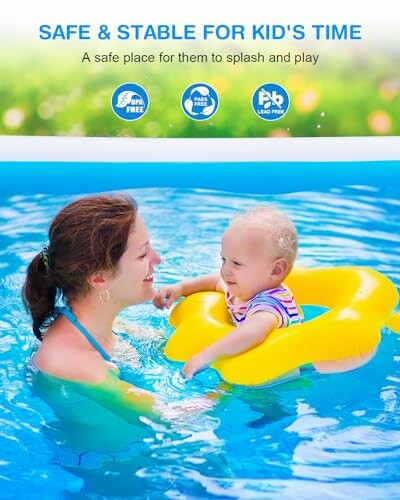 Mother with baby in a pool using a yellow float ring.