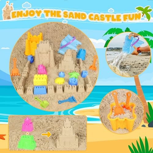 Sandcastle building kit with molds and tools at the beach.