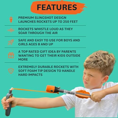 Child using a slingshot rocket toy with features list.