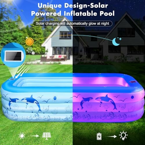 Solar powered inflatable pool with daytime and nighttime view