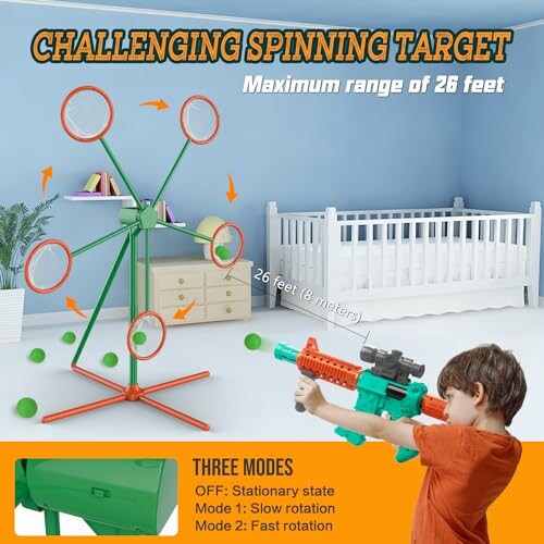 Child playing with a spinning target toy in a room.