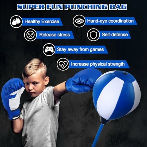 Child with blue boxing gloves punching a bag, promoting exercise and stress relief.