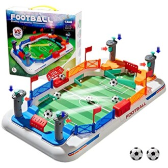 Tabletop football game with soccer balls and colorful goals.