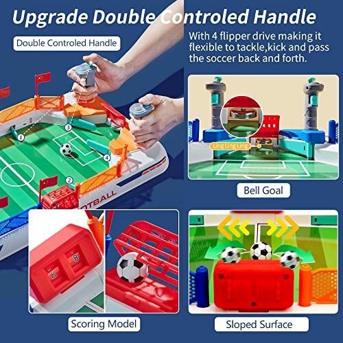 Tabletop soccer game features including double controlled handle, bell goal, scoring model, and sloped surface.