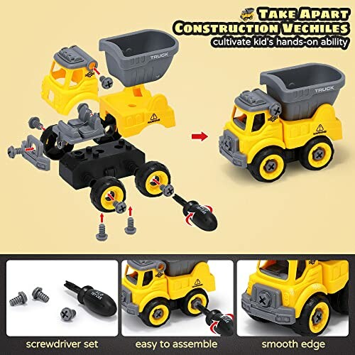 Take apart construction vehicle toy with assembly instructions and parts.