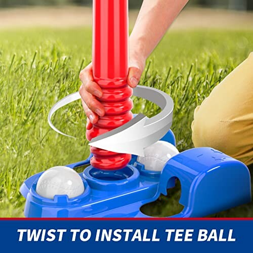 Person twisting to install a red tee ball on a blue base.