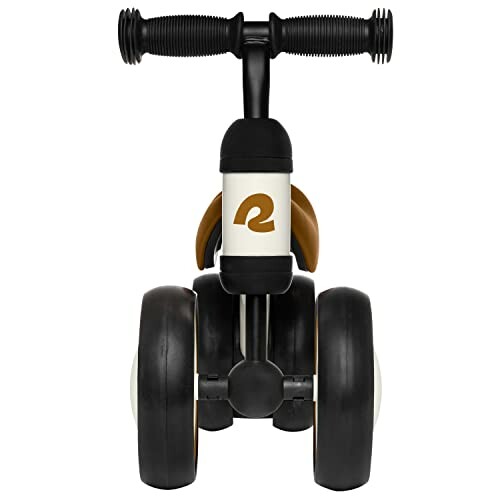 Front view of a toddler balance bike with four wheels and handlebars.