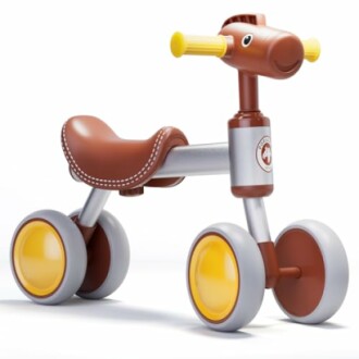 Brown and yellow toddler balance bike with four wheels.
