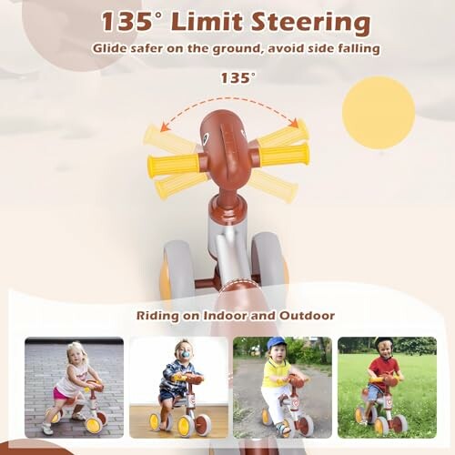 Toddler riding a balance bike with 135° limit steering feature.