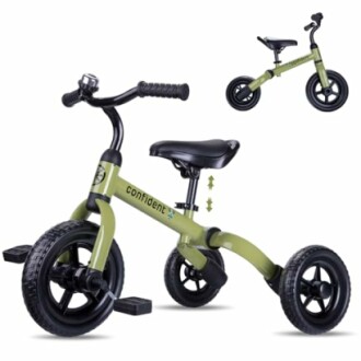 Green toddler balance bike with adjustable seat and training wheels.