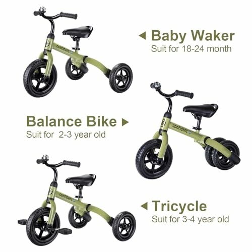Three toddler bikes: baby walker, balance bike, tricycle.