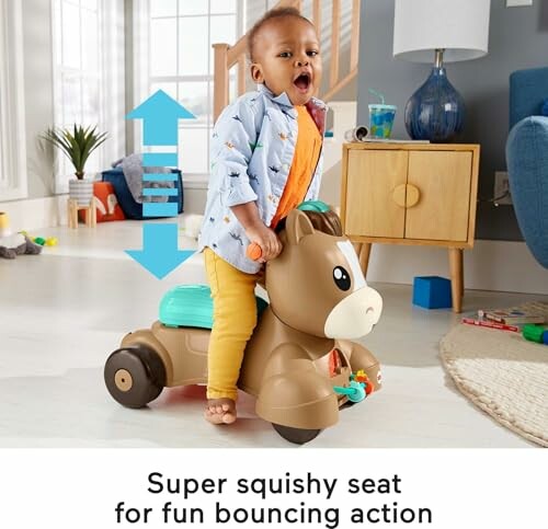 Toddler riding a bouncing toy horse indoors.