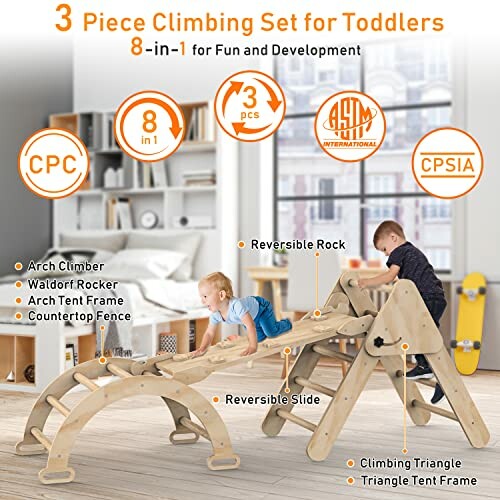 3 piece climbing set for toddlers including arch climber, rocker, and tent frame.