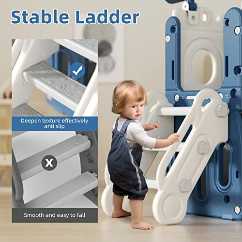 Toddler climbing a stable ladder with anti-slip texture.