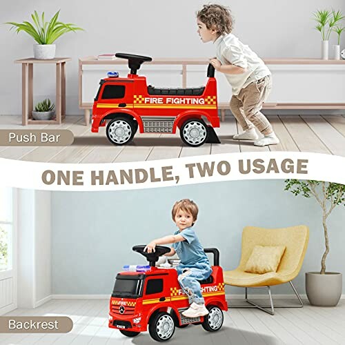 Toddler playing with a red fire truck ride-on toy indoors.
