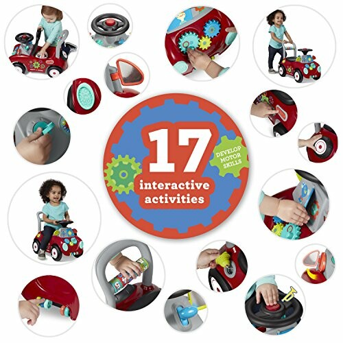 Collage of toddler with ride-on toy featuring 17 interactive activities.