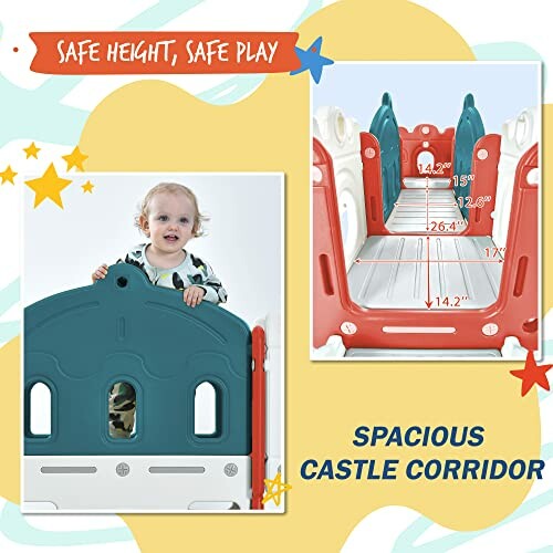 Toddler playing in a colorful castle-themed playhouse with safe and spacious corridor.