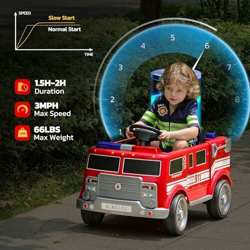 Child riding a toy fire truck with speed and weight details.