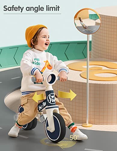 Toddler on balance bike with safety angle limit sign