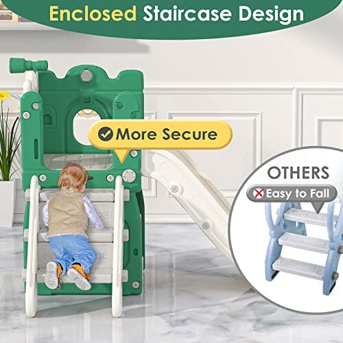 Toddler climbing a green slide with enclosed staircase design, highlighting safety compared to others.