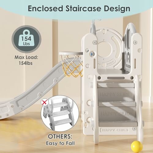 Toddler slide with enclosed staircase and basketball hoop