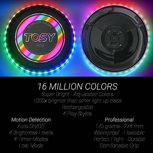 TOSY RGB light-up disc with 16 million colors and features like motion detection, adjustable brightness, and waterproof design.