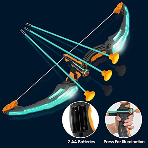 Toy bow and arrow set with glowing features and suction cup arrows.