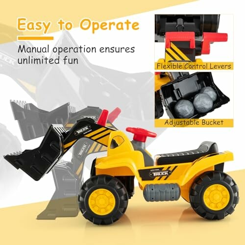 Yellow toy excavator with flexible control levers and adjustable bucket.