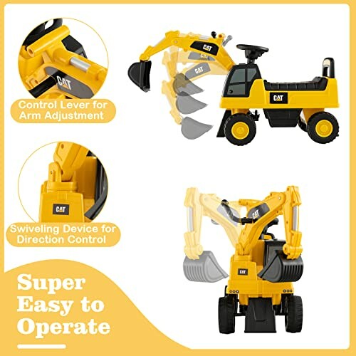 Yellow toy excavator with adjustable arm and swivel control.