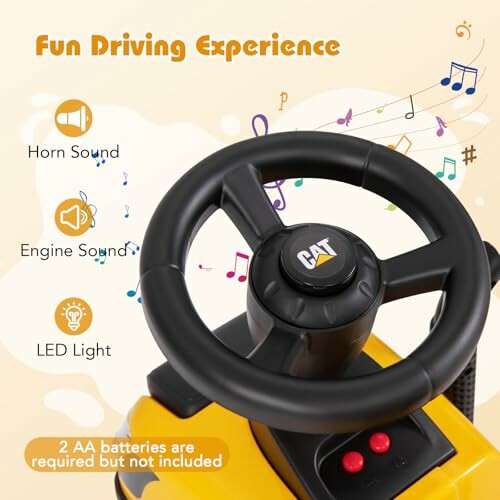 Toy steering wheel with horn, engine sound, and LED light features.