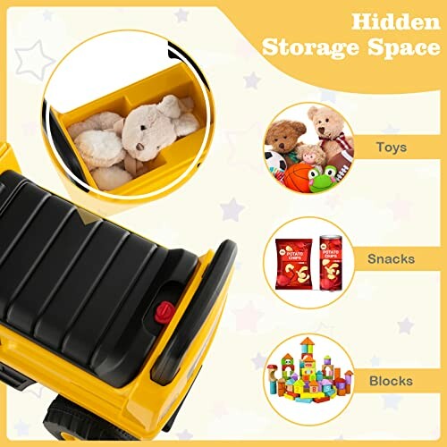 Yellow toy truck with hidden storage space for toys, snacks, and blocks.