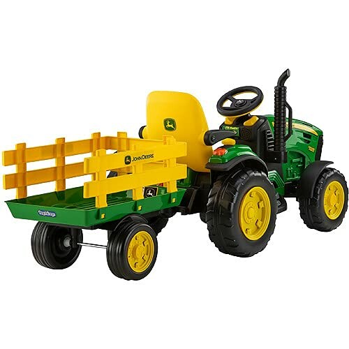 Green and yellow toy tractor with trailer showcasing its sturdy design.