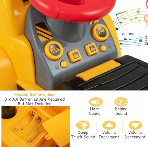 Toy truck dashboard with sound control buttons and battery compartment.