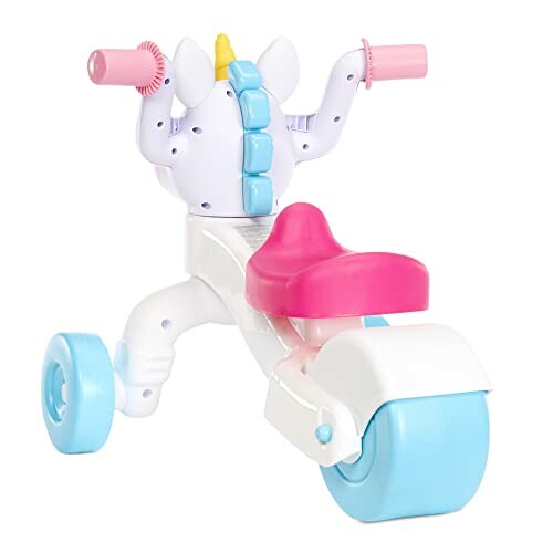 Colorful unicorn-themed kids tricycle with pink seat and blue wheels.