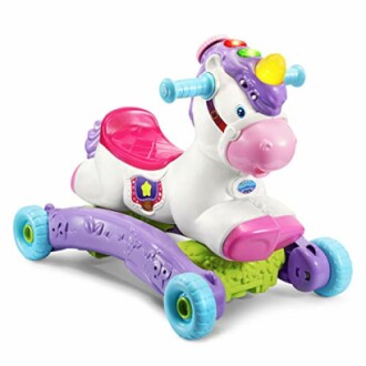 Colorful unicorn ride-on toy with wheels.