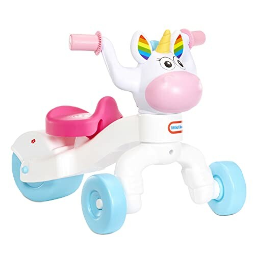 Unicorn-themed toddler ride-on toy with pink seat and blue wheels.