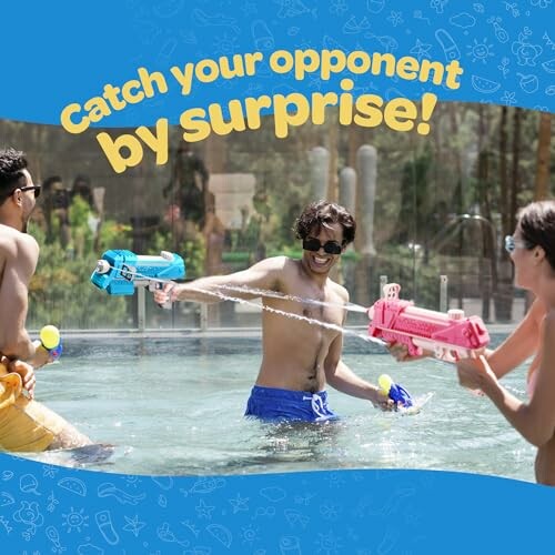 People having a water gun fight in a pool.