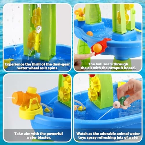 Collage of water play toy features including dual-gear water wheel, catapult board, water blaster, and animal water toys.