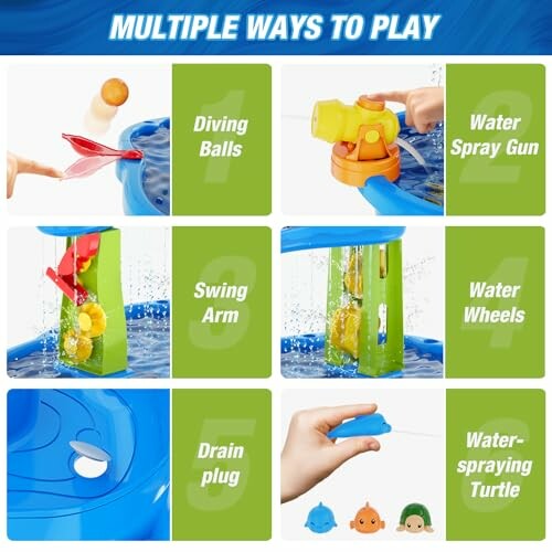 Collage of water play toys with diving balls, water spray gun, and other accessories.