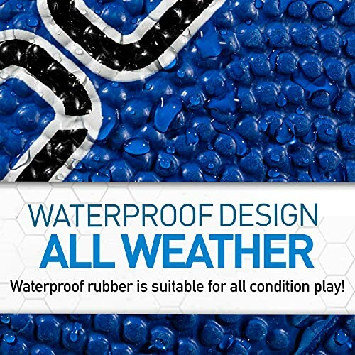 Blue waterproof rubber surface with text about all-weather suitability.