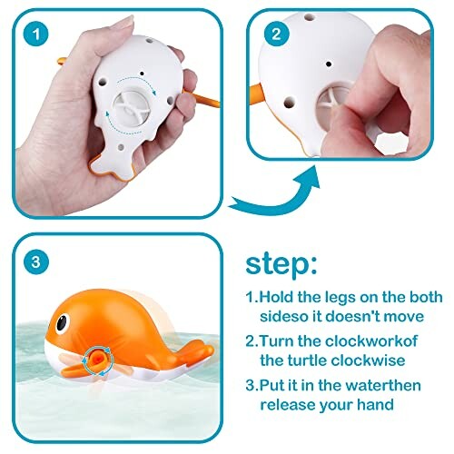 Instructions for using a wind-up bath toy turtle.