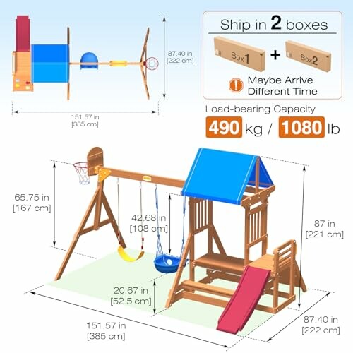 Wooden playground set with measurements and box shipping details.