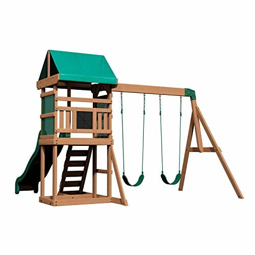 Wooden playset with swings, slide, and climbing ladder.