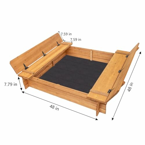 Wooden sandbox with foldable benches and dimensions displayed.