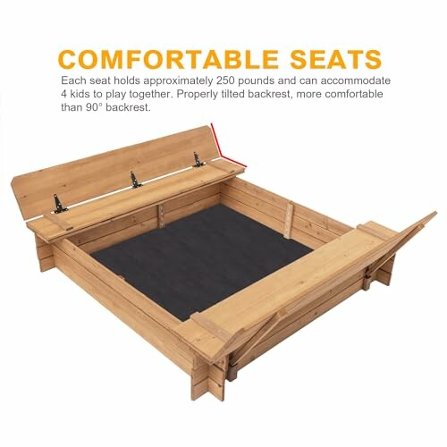 Wooden sandbox with comfortable seats and tilting backrest.