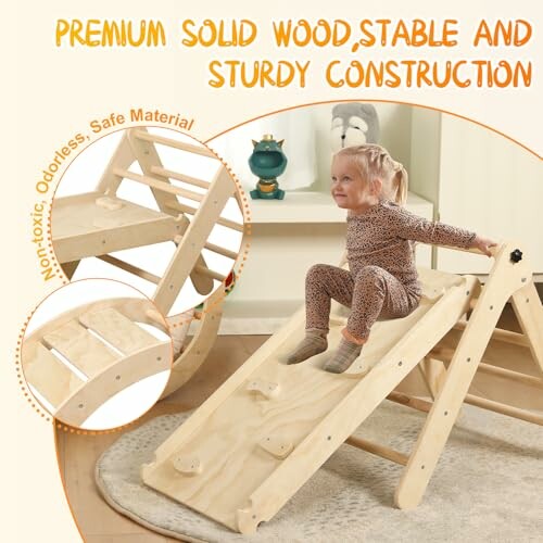 Toddler playing on a wooden indoor slide.